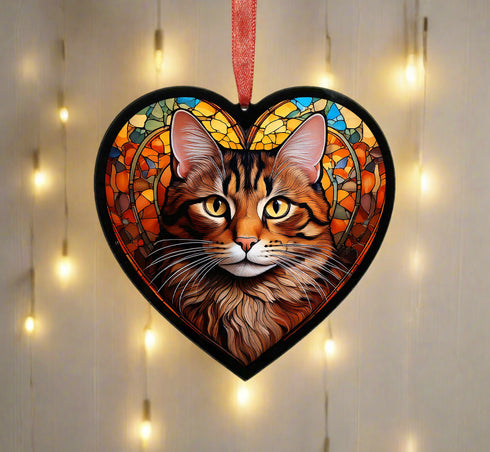 Tabby Cat Stained Glass Effect Heart Suncatcher